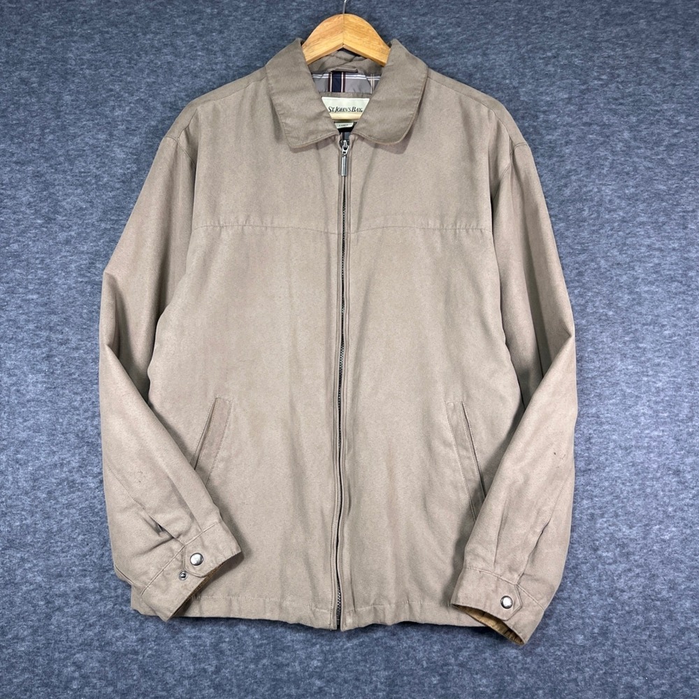 St Johns Bay Mens Tan Faux Suede Harrington Jacket Full Zip Plaid Lined Large‎